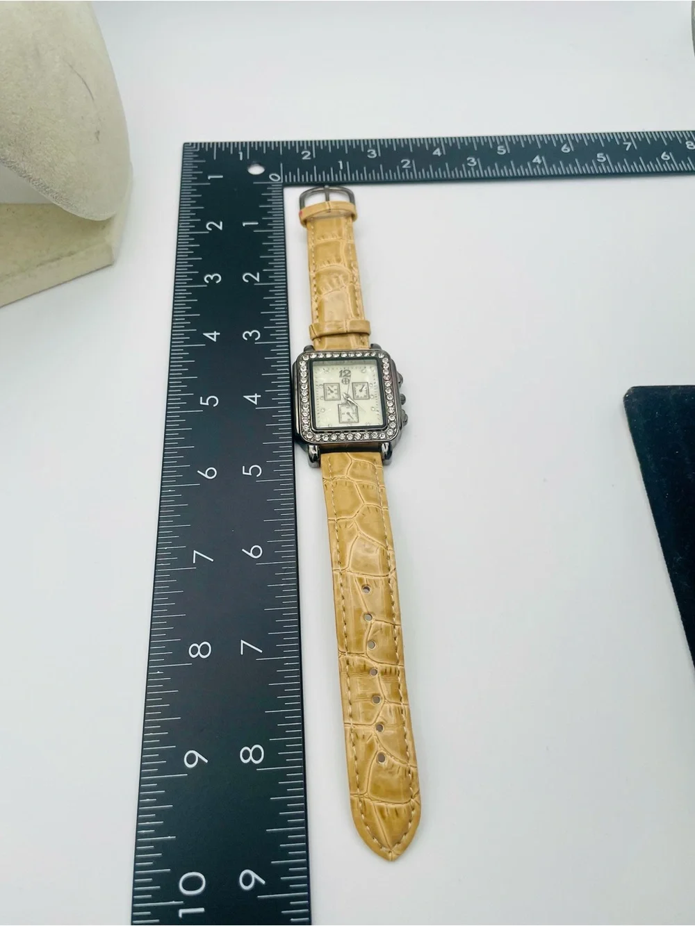 Hot in Hollywood by HSN Crystal-Frame Square Watch with Tan Leather Strap